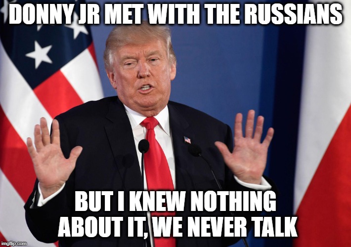 Trump the Liar | DONNY JR MET WITH THE RUSSIANS; BUT I KNEW NOTHING ABOUT IT, WE NEVER TALK | image tagged in memes,trump,trump russia collusion,politics,maga | made w/ Imgflip meme maker