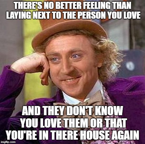 Creepy Condescending Wonka | THERE'S NO BETTER FEELING THAN LAYING NEXT TO THE PERSON YOU LOVE; AND THEY DON'T KNOW YOU LOVE THEM OR THAT YOU'RE IN THERE HOUSE AGAIN | image tagged in memes,creepy condescending wonka | made w/ Imgflip meme maker