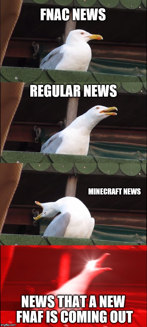 Inhaling Seagull Meme | FNAC NEWS; REGULAR NEWS; MINECRAFT NEWS; NEWS THAT A NEW FNAF IS COMING OUT | image tagged in memes,inhaling seagull | made w/ Imgflip meme maker
