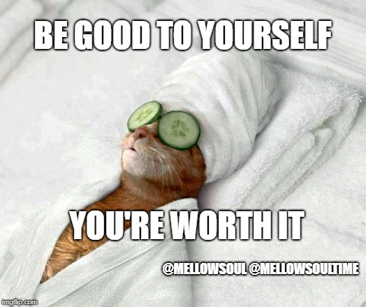 Relaxicat | BE GOOD TO YOURSELF; YOU'RE WORTH IT; @MELLOWSOUL @MELLOWSOULTIME | image tagged in relaxicat | made w/ Imgflip meme maker