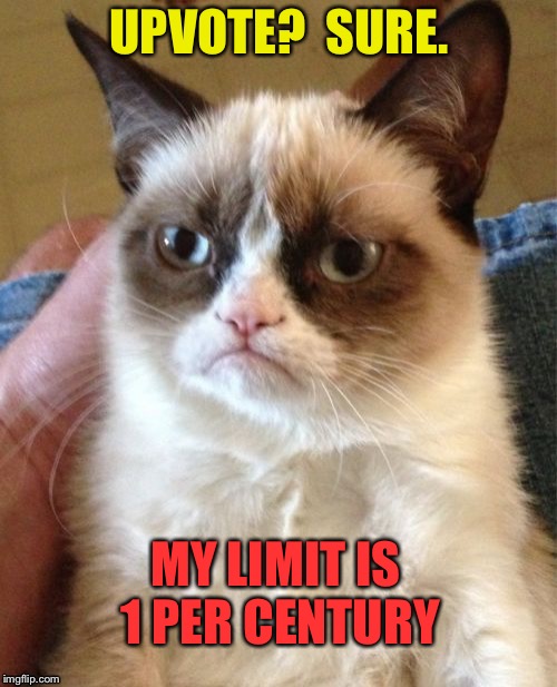 I'm really not stingy. | UPVOTE?  SURE. MY LIMIT IS 1 PER CENTURY | image tagged in memes,grumpy cat,upvote,funny | made w/ Imgflip meme maker