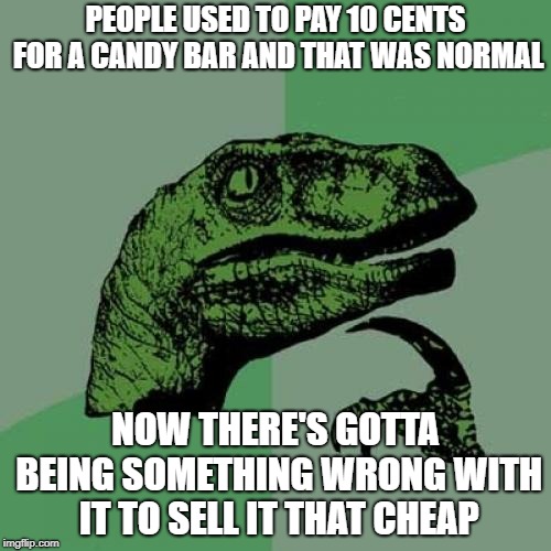 Philosoraptor | PEOPLE USED TO PAY 10 CENTS FOR A CANDY BAR AND THAT WAS NORMAL; NOW THERE'S GOTTA BEING SOMETHING WRONG WITH IT TO SELL IT THAT CHEAP | image tagged in memes,philosoraptor,candy,wrong | made w/ Imgflip meme maker