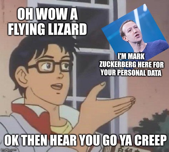 Is This A Pigeon Meme | OH WOW A FLYING LIZARD; I'M MARK ZUCKERBERG HERE FOR YOUR PERSONAL DATA; OK THEN HEAR YOU GO YA CREEP | image tagged in memes,is this a pigeon | made w/ Imgflip meme maker