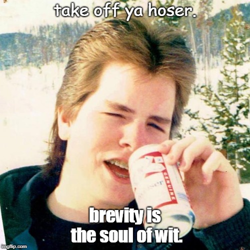 oh canada we love you. cakk me long winded will ya. | take off ya hoser. brevity is the soul of wit. | image tagged in memes,eighties teen,brevity | made w/ Imgflip meme maker