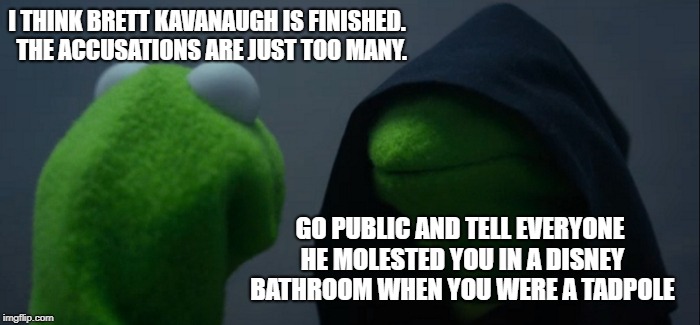 If you're not convinced that he's a sexual predator by now,  just wait, they'll keep em coming till you do. | I THINK BRETT KAVANAUGH IS FINISHED.  THE ACCUSATIONS ARE JUST TOO MANY. GO PUBLIC AND TELL EVERYONE HE MOLESTED YOU IN A DISNEY BATHROOM WHEN YOU WERE A TADPOLE | image tagged in memes,evil kermit,brett kavanaugh,kavanaugh,political meme | made w/ Imgflip meme maker