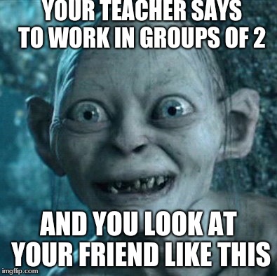 Gollum | YOUR TEACHER SAYS TO WORK IN GROUPS OF 2; AND YOU LOOK AT YOUR FRIEND LIKE THIS | image tagged in memes,gollum | made w/ Imgflip meme maker