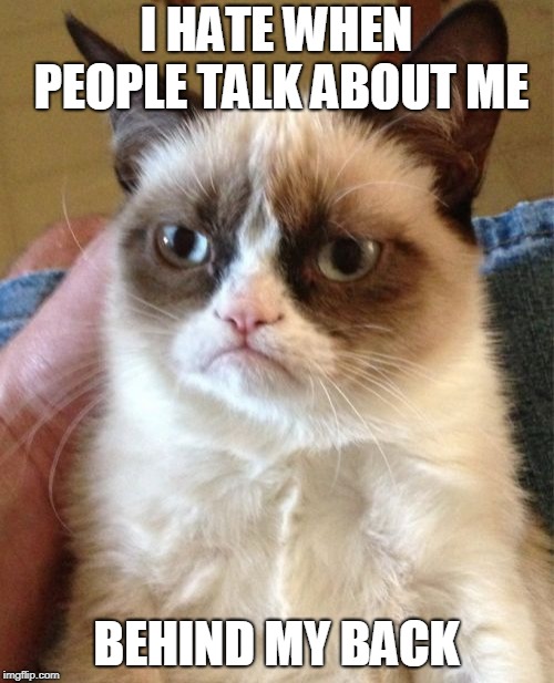 Grumpy Cat Meme | I HATE WHEN PEOPLE TALK ABOUT ME BEHIND MY BACK | image tagged in memes,grumpy cat | made w/ Imgflip meme maker