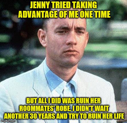 I May Not Be A Smart Man. But I Know What Political Vindictiveness Is | JENNY TRIED TAKING ADVANTAGE OF ME ONE TIME; BUT ALL I DID WAS RUIN HER ROOMMATES' ROBE. I DIDN'T WAIT ANOTHER 30 YEARS AND TRY TO RUIN HER LIFE | image tagged in forrest gump,christine blasey ford,brett kavanaugh,memes,sexual harassment | made w/ Imgflip meme maker