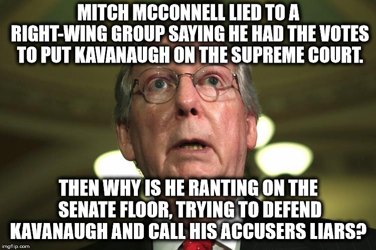 Someone's Hit The Panic Button LOL! | MITCH MCCONNELL LIED TO A RIGHT-WING GROUP SAYING HE HAD THE VOTES TO PUT KAVANAUGH ON THE SUPREME COURT. THEN WHY IS HE RANTING ON THE SENATE FLOOR, TRYING TO DEFEND KAVANAUGH AND CALL HIS ACCUSERS LIARS? | image tagged in mitch mcconnell,brett kavanaugh,scotus,supreme court,panic,treason | made w/ Imgflip meme maker