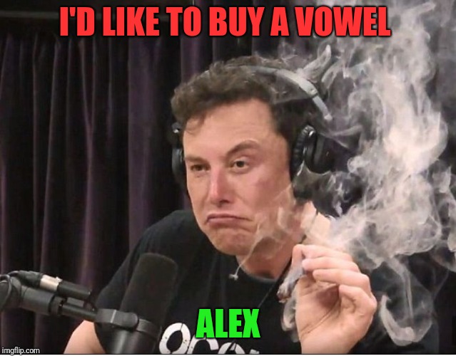 Elon Musk smoking a joint | I'D LIKE TO BUY A VOWEL; ALEX | image tagged in elon musk smoking a joint | made w/ Imgflip meme maker