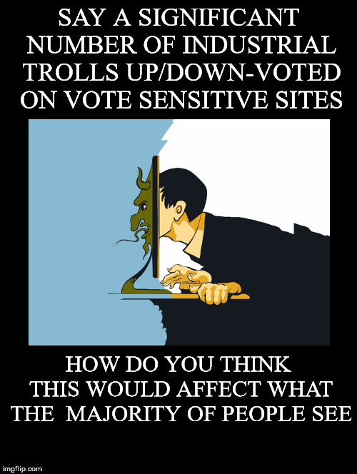 It's A Reality | SAY A SIGNIFICANT NUMBER OF INDUSTRIAL TROLLS UP/DOWN-VOTED ON VOTE SENSITIVE SITES; HOW DO YOU THINK THIS WOULD AFFECT WHAT THE  MAJORITY OF PEOPLE SEE | image tagged in industrial trolls,upvote,downvote,vote sensitive sites,majority,see | made w/ Imgflip meme maker