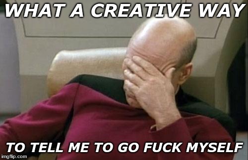 Captain Picard Facepalm Meme | WHAT A CREATIVE WAY TO TELL ME TO GO F**K MYSELF | image tagged in memes,captain picard facepalm | made w/ Imgflip meme maker