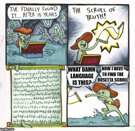 Keep searching | NOW I HAVE TO FIND THE ROSETTA SCROLL; WHAT DAMN LANGUAGE IS THIS? | image tagged in funny memes,the scroll of truth,scroll,rosetta stone,dead language | made w/ Imgflip meme maker