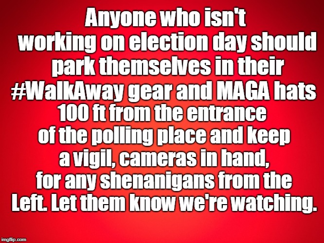 Red Background |  Anyone who isn't working on election day should park themselves in their #WalkAway gear and MAGA hats; 100 ft from the entrance of the polling place and keep a vigil, cameras in hand, for any shenanigans from the Left. Let them know we're watching. | image tagged in red background | made w/ Imgflip meme maker
