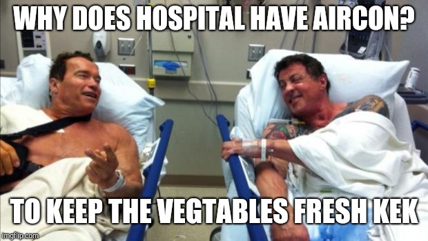 arnold and stallone hospital | WHY DOES HOSPITAL HAVE AIRCON? TO KEEP THE VEGTABLES FRESH KEK | image tagged in arnold and stallone hospital | made w/ Imgflip meme maker