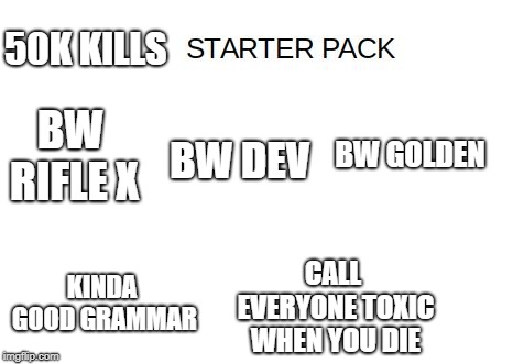 Blank Starter Pack Meme | 50K KILLS; BW RIFLE X; BW GOLDEN; BW DEV; KINDA GOOD GRAMMAR; CALL EVERYONE TOXIC WHEN YOU DIE | image tagged in blank starter pack meme | made w/ Imgflip meme maker