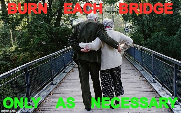 Old Couple on Bridge | BURN    EACH    BRIDGE; ONLY    AS    NECESSARY | image tagged in old couple on bridge | made w/ Imgflip meme maker