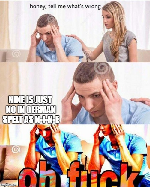 honey, tell me what's wrong | NINE IS JUST NO IN GERMAN SPELT AS N-I-N-E | image tagged in honey tell me what's wrong | made w/ Imgflip meme maker