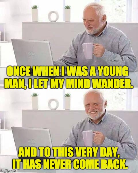 Hide the Pain Harold Meme | ONCE WHEN I WAS A YOUNG MAN, I LET MY MIND WANDER. AND TO THIS VERY DAY, IT HAS NEVER COME BACK. | image tagged in memes,hide the pain harold | made w/ Imgflip meme maker