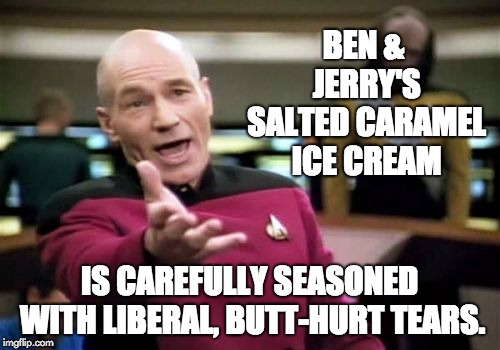 Picard Wtf Meme | BEN & JERRY'S SALTED CARAMEL ICE CREAM IS CAREFULLY SEASONED WITH LIBERAL, BUTT-HURT TEARS. | image tagged in memes,picard wtf | made w/ Imgflip meme maker