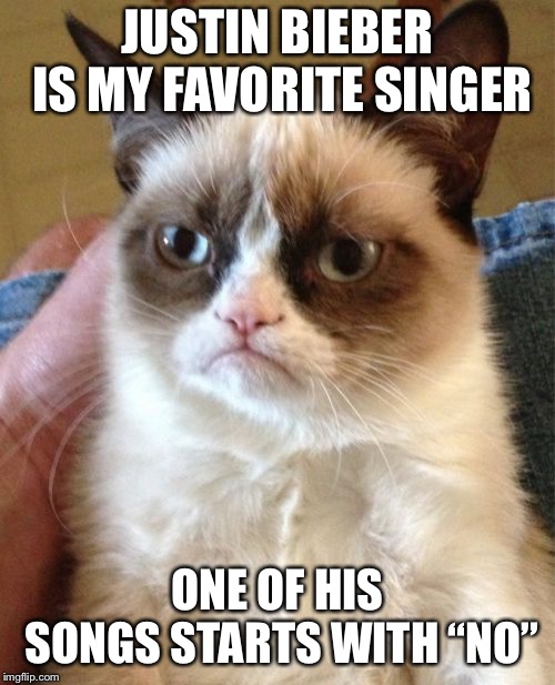 Grumpy Cat | JUSTIN BIEBER IS MY FAVORITE SINGER; ONE OF HIS SONGS STARTS WITH “NO” | image tagged in memes,grumpy cat | made w/ Imgflip meme maker