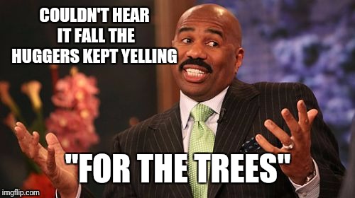 Steve Harvey Meme | COULDN'T HEAR IT FALL THE HUGGERS KEPT YELLING "FOR THE TREES" | image tagged in memes,steve harvey | made w/ Imgflip meme maker