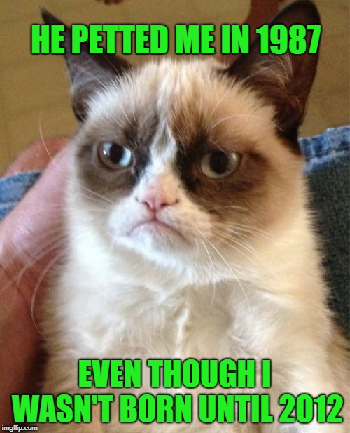 Grumpy Cat Meme | HE PETTED ME IN 1987 EVEN THOUGH I WASN'T BORN UNTIL 2012 | image tagged in memes,grumpy cat | made w/ Imgflip meme maker