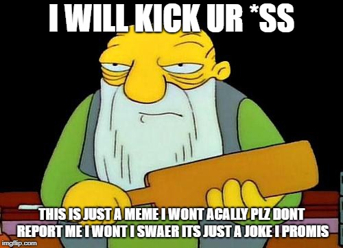 That's a paddlin' Meme | I WILL KICK UR *SS; THIS IS JUST A MEME I WONT ACALLY PLZ DONT REPORT ME I WONT I SWAER ITS JUST A JOKE I PROMIS | image tagged in memes,that's a paddlin' | made w/ Imgflip meme maker