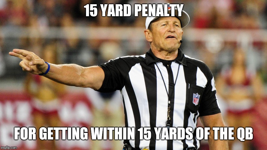 Logical Fallacy Referee | 15 YARD PENALTY; FOR GETTING WITHIN 15 YARDS OF THE QB | image tagged in logical fallacy referee | made w/ Imgflip meme maker