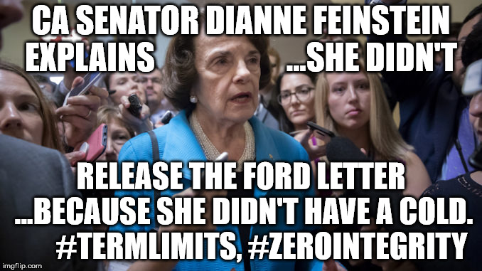Feeble and Corrupt Dianne Feinstein | CA SENATOR DIANNE FEINSTEIN EXPLAINS 
                   ...SHE DIDN'T; RELEASE THE FORD LETTER ...BECAUSE SHE DIDN'T HAVE A COLD. 





#TERMLIMITS, #ZEROINTEGRITY | image tagged in dianne feinstein,political meme,amoral leftists,expose the corrupt | made w/ Imgflip meme maker