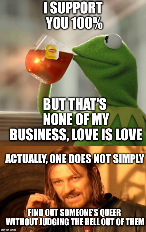 I SUPPORT YOU 100% BUT THAT'S NONE OF MY BUSINESS, LOVE IS LOVE ACTUALLY, ONE DOES NOT SIMPLY FIND OUT SOMEONE'S QUEER WITHOUT JUDGING THE H | made w/ Imgflip meme maker