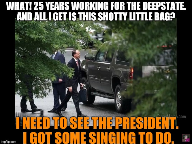 WHAT! 25 YEARS WORKING FOR THE DEEPSTATE. AND ALL I GET IS THIS SHOTTY LITTLE BAG? I NEED TO SEE THE PRESIDENT. I GOT SOME SINGING TO DO. | image tagged in rod rosenstein,qanon,deep state | made w/ Imgflip meme maker