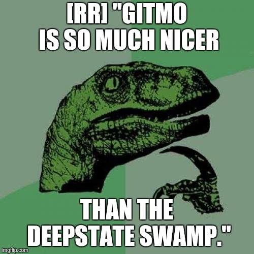 Philosoraptor | [RR] "GITMO IS SO MUCH NICER; THAN THE DEEPSTATE SWAMP." | image tagged in memes,qanon,rod rosenstein,deep state | made w/ Imgflip meme maker