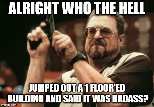 Am I The Only One Around Here | ALRIGHT WHO THE HELL; JUMPED OUT A 1 FLOOR'ED BUILDING AND SAID IT WAS BADASS? | image tagged in memes,am i the only one around here | made w/ Imgflip meme maker