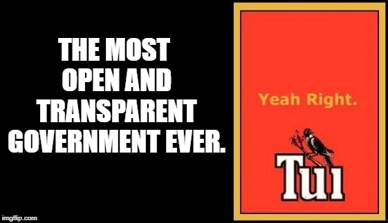 Tui | THE MOST OPEN AND TRANSPARENT GOVERNMENT EVER. | image tagged in tui | made w/ Imgflip meme maker