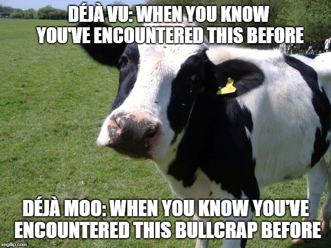 Da Curious Cow | DÉJÀ VU: WHEN YOU KNOW YOU'VE ENCOUNTERED THIS BEFORE; DÉJÀ MOO: WHEN YOU KNOW YOU'VE ENCOUNTERED THIS BULLCRAP BEFORE | image tagged in da curious cow | made w/ Imgflip meme maker