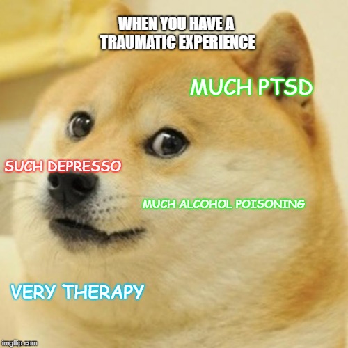 Doge Meme | WHEN YOU HAVE A TRAUMATIC EXPERIENCE; MUCH PTSD; SUCH DEPRESSO; MUCH ALCOHOL POISONING; VERY THERAPY | image tagged in memes,doge | made w/ Imgflip meme maker