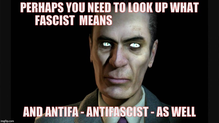 PERHAPS YOU NEED TO LOOK UP WHAT FASCIST  MEANS AND ANTIFA - ANTIFASCIST - AS WELL | image tagged in half-life's g-man from the creepy gallery of vagabondsoufflé  | made w/ Imgflip meme maker