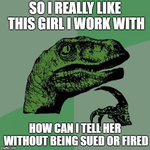 Philosoraptor | SO I REALLY LIKE THIS GIRL I WORK WITH; HOW CAN I TELL HER WITHOUT BEING SUED OR FIRED | image tagged in memes,philosoraptor | made w/ Imgflip meme maker