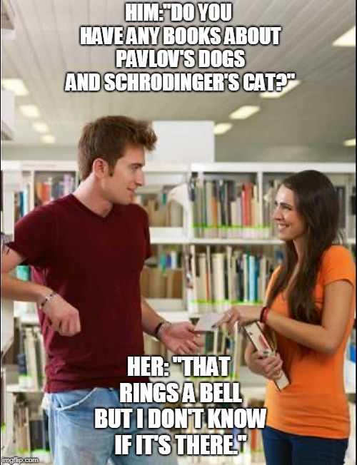 Library | HIM:"DO YOU HAVE ANY BOOKS ABOUT PAVLOV'S DOGS AND SCHRODINGER'S CAT?"; HER: "THAT RINGS A BELL BUT I DON'T KNOW IF IT'S THERE." | image tagged in library | made w/ Imgflip meme maker