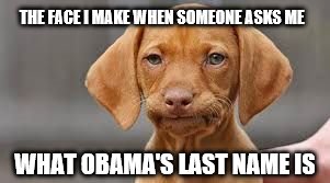 THE FACE I MAKE WHEN SOMEONE ASKS ME; WHAT OBAMA'S LAST NAME IS | image tagged in unimpressed puppy,obama last name,obama | made w/ Imgflip meme maker