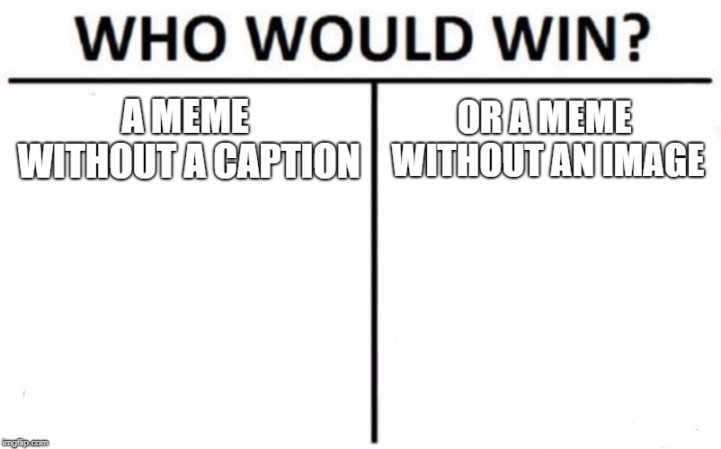 Who Would Win? Meme | A MEME WITHOUT A CAPTION; OR A MEME WITHOUT AN IMAGE | image tagged in memes,who would win | made w/ Imgflip meme maker