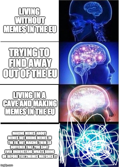 Expanding Brain | LIVING WITHOUT MEMES IN THE EU; TRYING TO FIND AWAY OUT OF THE EU; LIVING IN A CAVE AND MAKING MEMES IN THE EU; MAKING MEMES ABOUT MEMES BUT HIDING MEMES IN THE EU, BUT MAKING THEM SO BUFFERED THAT YOU CANT EVEN UNDERSTAND WHATS GOING ON BEFORE TEXT2MEMES WATCHES IT | image tagged in memes,expanding brain | made w/ Imgflip meme maker