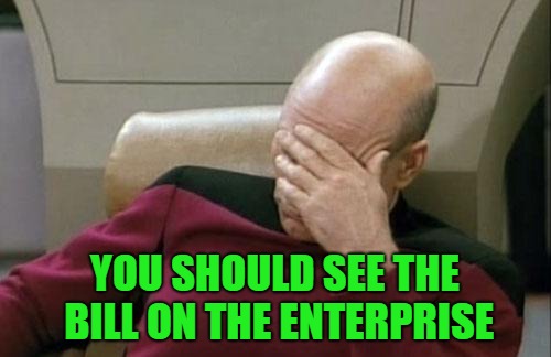 Captain Picard Facepalm Meme | YOU SHOULD SEE THE BILL ON THE ENTERPRISE | image tagged in memes,captain picard facepalm | made w/ Imgflip meme maker