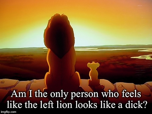 Lion King Meme | Am I the only person who feels like the left lion looks like a dick? | image tagged in memes,lion king | made w/ Imgflip meme maker