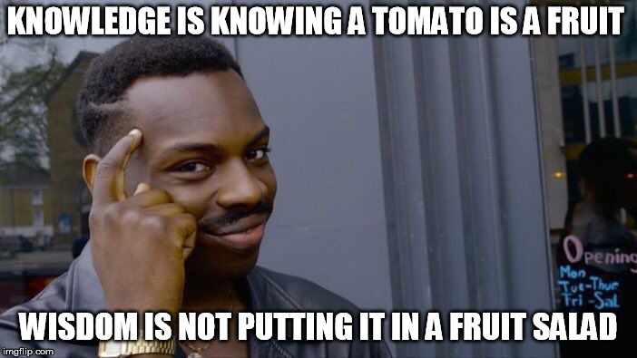 Roll Safe Think About It | KNOWLEDGE IS KNOWING A TOMATO IS A FRUIT; WISDOM IS NOT PUTTING IT IN A FRUIT SALAD | image tagged in memes,roll safe think about it | made w/ Imgflip meme maker