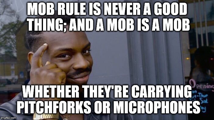 Roll Safe Think About It | MOB RULE IS NEVER A GOOD THING; AND A MOB IS A MOB; WHETHER THEY'RE CARRYING PITCHFORKS OR MICROPHONES | image tagged in memes,roll safe think about it | made w/ Imgflip meme maker