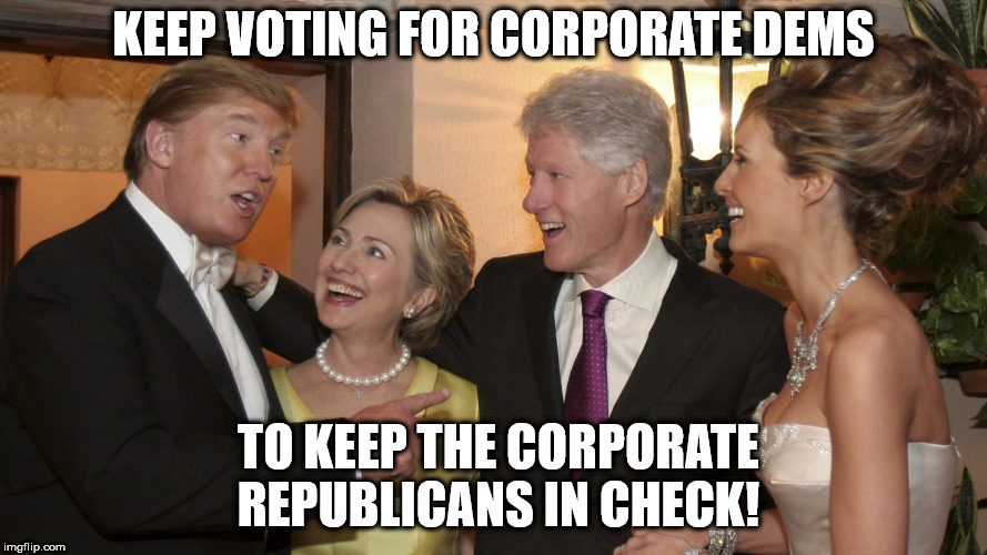 vote corporate |  KEEP VOTING FOR CORPORATE DEMS; TO KEEP THE CORPORATE REPUBLICANS IN CHECK! | image tagged in dems,republicans,vote,corporate,sell out,pied piper | made w/ Imgflip meme maker
