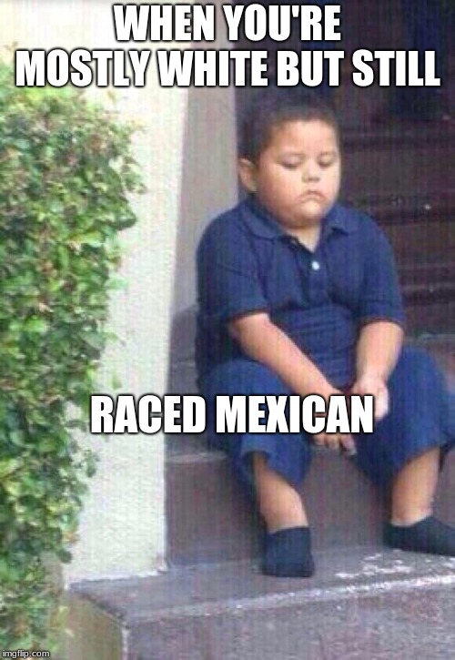 poor mexican | WHEN YOU'RE MOSTLY WHITE BUT STILL; RACED MEXICAN | image tagged in sad mexican boy,deathmeme89 | made w/ Imgflip meme maker