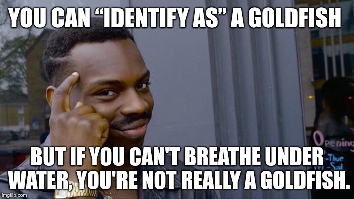 YOU CAN “IDENTIFY AS” A GOLDFISH | YOU CAN “IDENTIFY AS” A GOLDFISH; BUT IF YOU CAN'T BREATHE UNDER WATER, YOU'RE NOT REALLY A GOLDFISH. | image tagged in memes,roll safe think about it,gender identity,transgender,reality | made w/ Imgflip meme maker